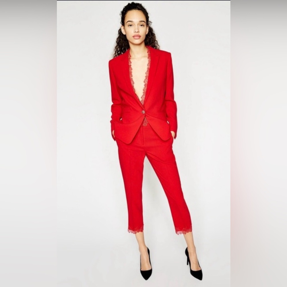 The Kooples red suit pants with lace trim detail